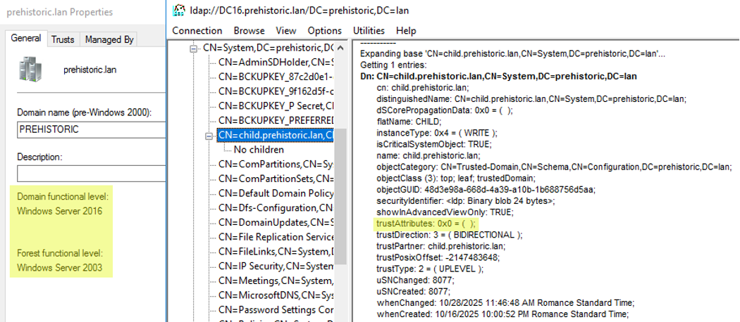 Attributes of the TDO with the child domain (Windows 2003 DFL) as seen from the parent domain (upgraded to Windows 2016 DFL).